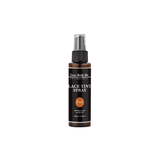 Crowns Beauty Bar laced tint spray for wig installation in the color tan. This shade is buildable, meaning you can add more layers to darken the lace on a wig.