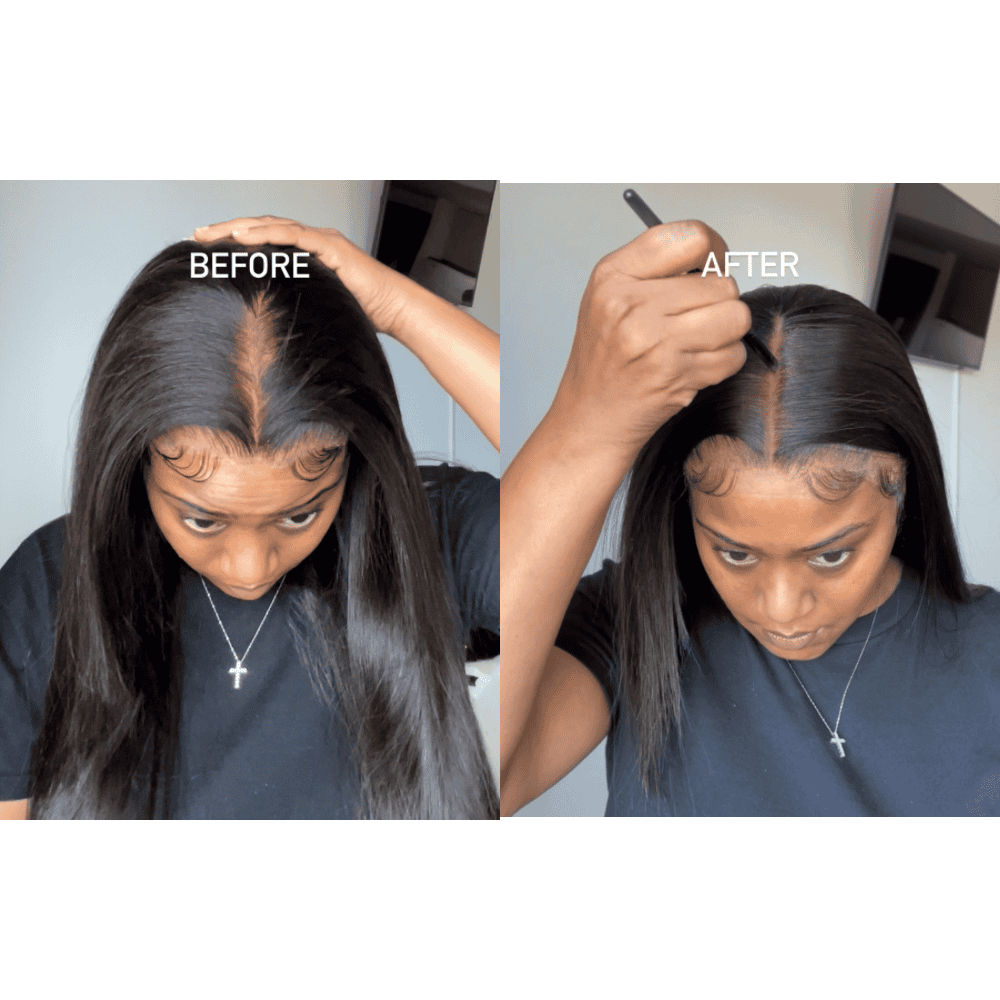 Crowns Beauty Bar back hairs dye pen solution to fix over bleached knots and define a precise part for a lace wig installation.